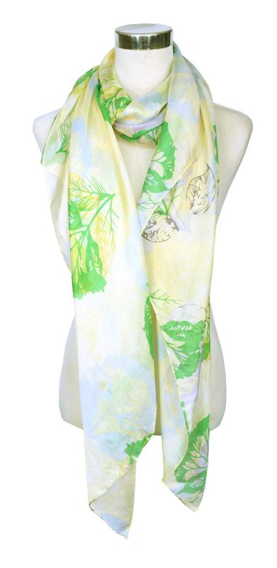 Scarf 100% Silk Paj colorful tree leaves green yellow grey